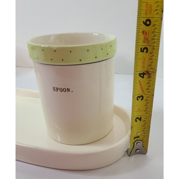 Rae Dunn 4pc Polka Dot Fork Knife Spoon Utensil Jars & Platter Blue Green Yellow - Picture 13 of 15